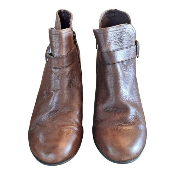 NURTURE Talin Brown Premium Leather Heeled Zip Ankle Boot 9.5M Buckle Bootie - Picture 4 of 16